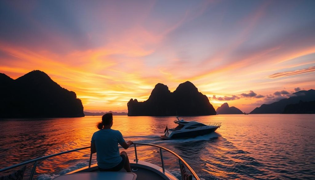 普吉島跳島日落美景，遊艇在金色海面上航行